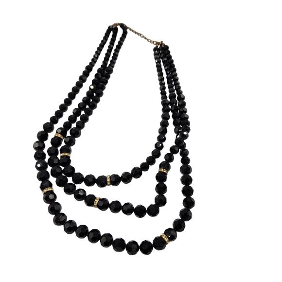 Faceted Black Beaded Multi-Strand Necklace with Rhinestone Accents - Picture 6 of 6